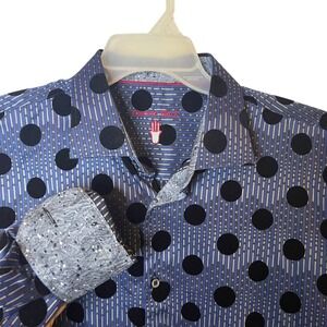 Visconti Black Mens Blue Velvet Polka Dot Dress Shirt XL Flip Cuff Graham
